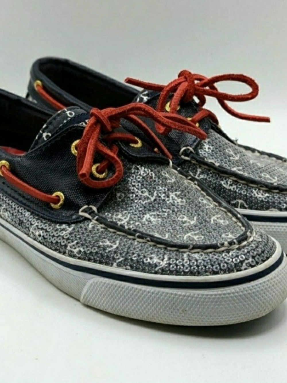 Sperry Silver Sequin Boat Shoes with Red Laces